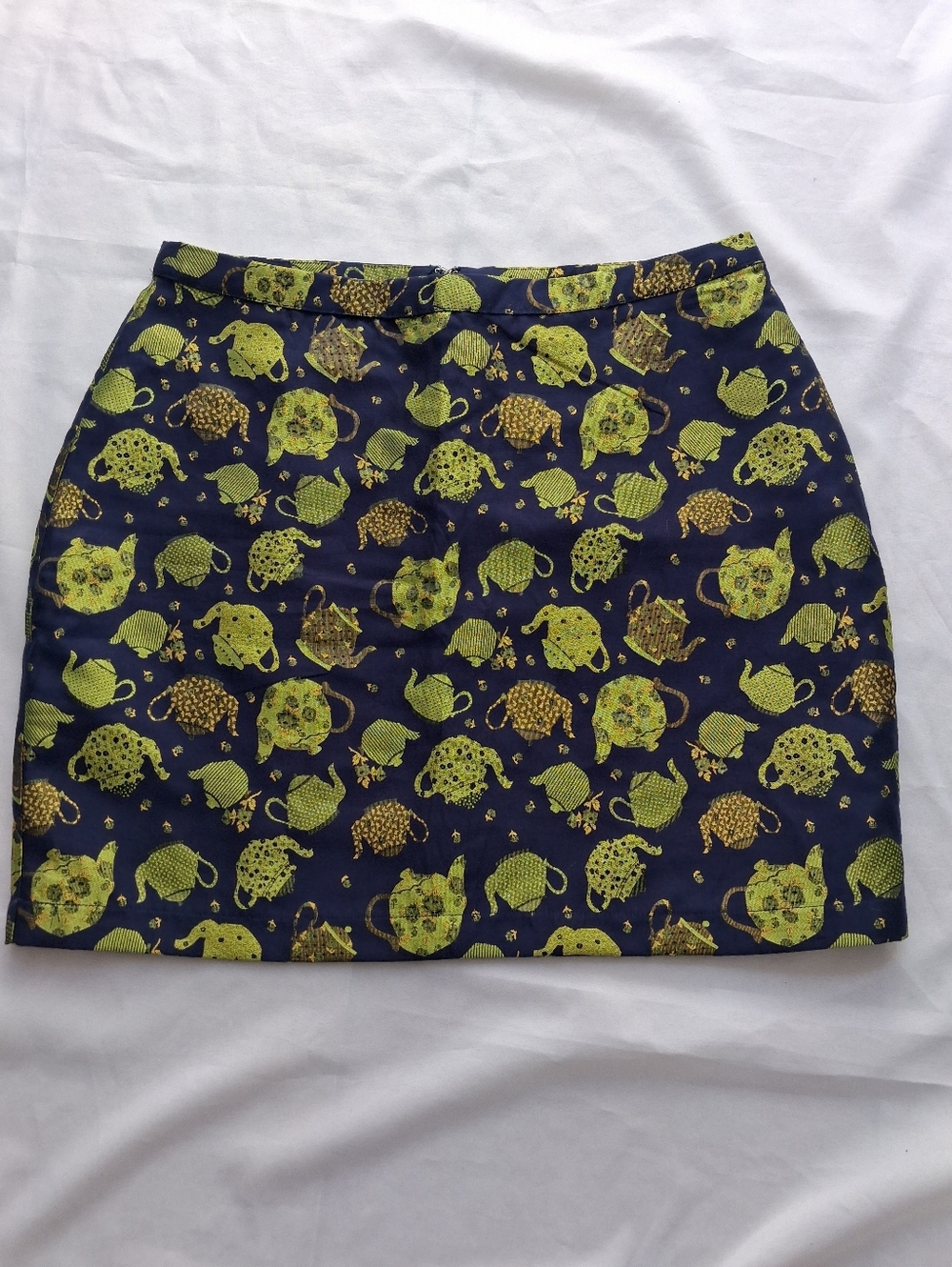 Modcloth Alice In Wonderland Teapot Brocade Mini Skirt with Lime Green And Navy.